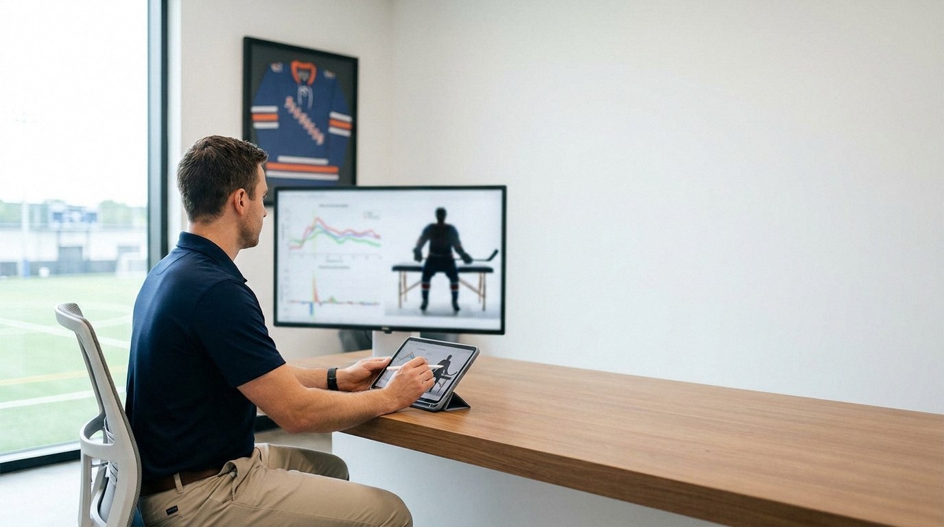 A man sits at a desk analyzing data on a tablet and monitor showing a hockey player model and graphs. A framed jersey