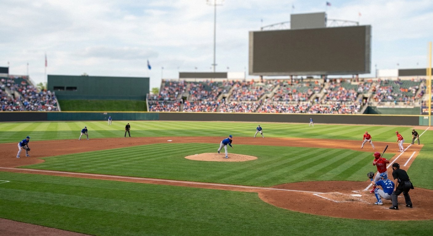 Wide shot of a baseball game in a stadium. Players in blue and red uniforms are on a striped grass field. A large blank