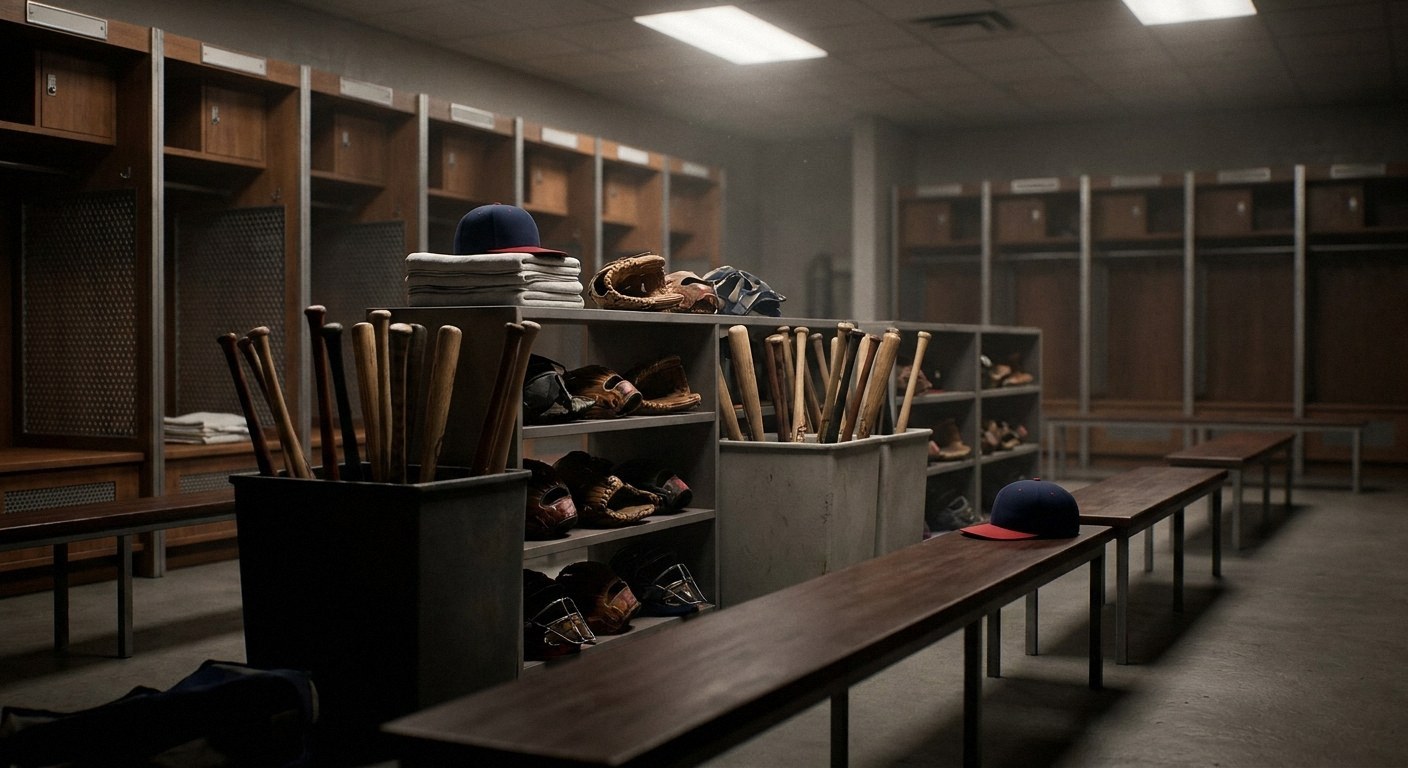 Empty baseball locker room with wooden lockers and benches. Shelves hold gloves, towels, and blue/red caps. Bins